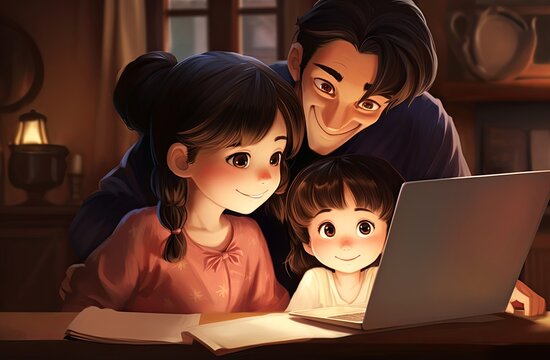 family bonding as a quartet gathers around a laptop, sharing moments of togetherness and connection within the comfort of home.
