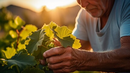 Gentle grape leaf inspection by viticultor warm sunset emphasis detailed vine care