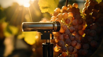Viticultor checks grape sugar with refractometer sunlit grape juice harvest precision emphasized