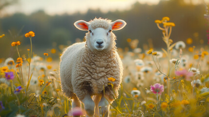 A sheep in a flower field at sunset