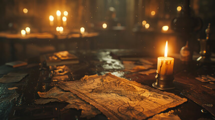 An old desk illuminated by candlelight with scattered ancient maps, inkwell, quill, and glowing particles in a dim, atmospheric setting suggestive of historic exploration or adventure. - obrazy, fototapety, plakaty