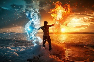 A man with a jet of water and a flame of fire on the background of the sea. Conceptual. Emotions, confrontation, opposite feelings, the inner struggle of a person.