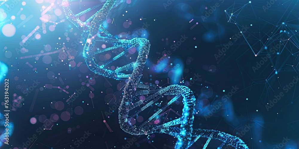Poster background of dna connecting in hologram screen virtual interface science and innovation, digital te