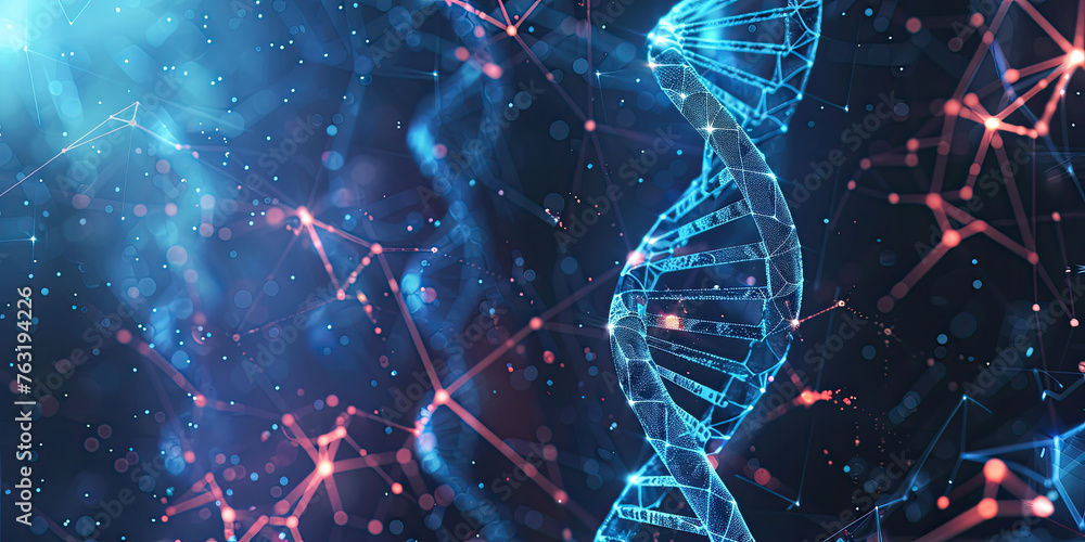 Poster background of dna connecting in hologram screen virtual interface science and innovation, digital te