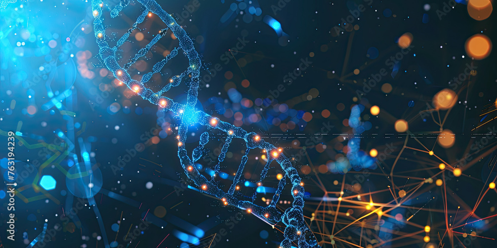 Poster background of dna connecting in hologram screen virtual interface science and innovation, digital te