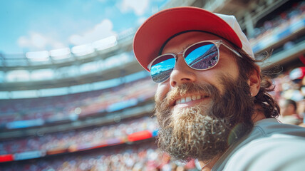 Smiling bearded man in sunglasses at stadium - obrazy, fototapety, plakaty