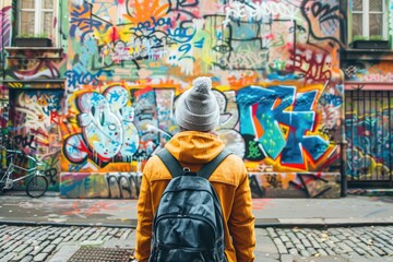 a girl with a backpack on the background of a wall with graffiti Rear view.