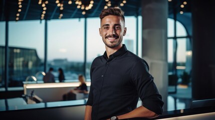 Male receptionist at tech startup minimalist and futuristic office setting - Powered by Adobe