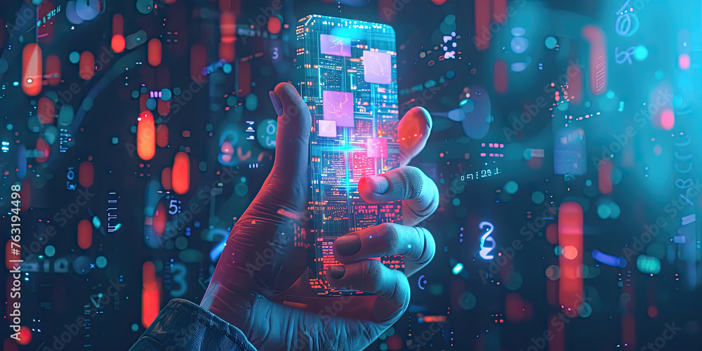 Aufkleber digital illustration of hand holding mobile phone with virtual screen with interface digital hologra