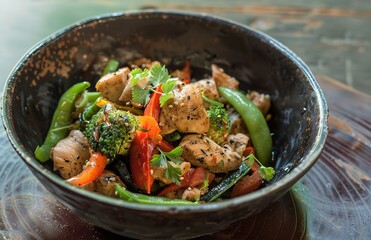 A bowl with chicken and vegetables in it in th

