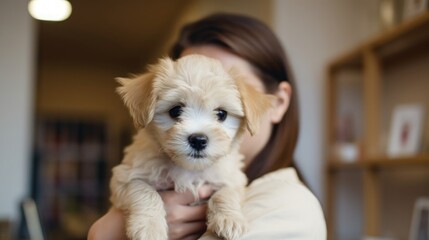 Veterinary clinic receptionist with puppy pet-friendly and comforting