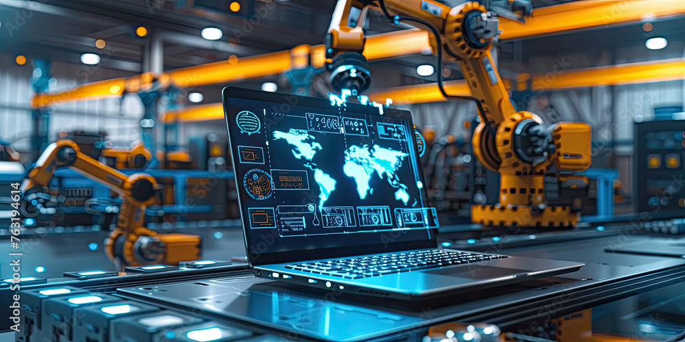 Aufkleber futuristic laptop with an ai interface and robotic arm, with hologram screen digital technology virt
