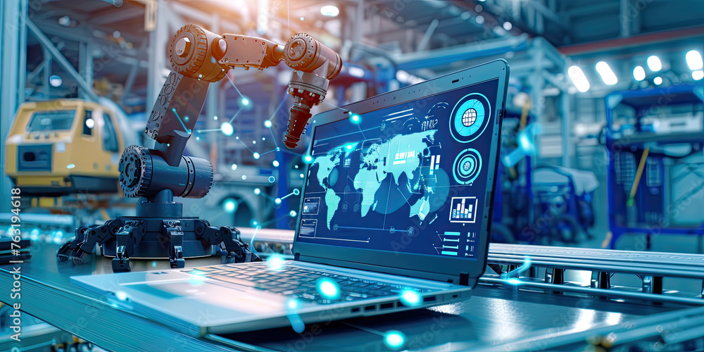 Poster futuristic laptop with an ai interface and robotic arm, with hologram screen digital technology virt