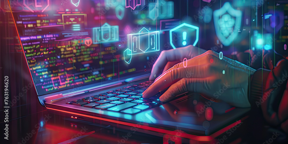 Poster person typing on a laptop keyboard with cyber security concept, user privacy security and encryption