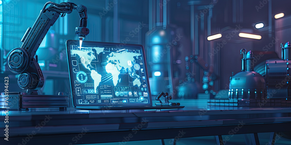 Poster futuristic laptop with an ai interface and robotic arm, with hologram screen digital technology virt