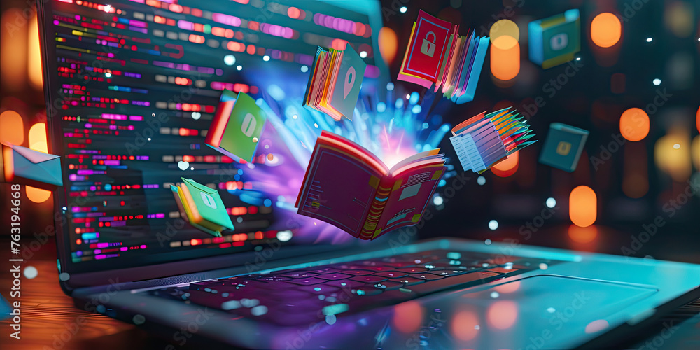 Aufkleber laptop keyboard with multiple documents and books icons float, futuristic technology