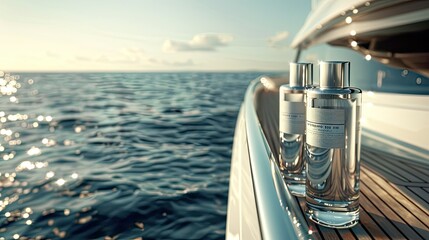Close-up of two bottles of face cream on the deck of a luxury yacht with the ocean in the...