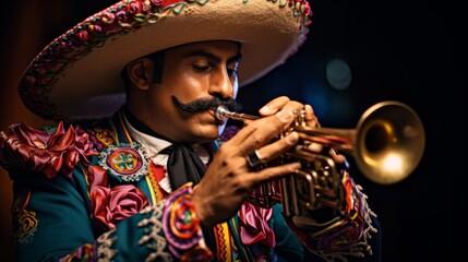 Trumpet playing mariachi in traditional vibrant attire cultural details