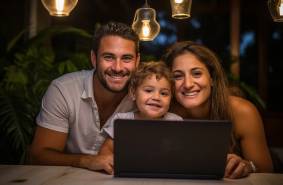 family bonding as a quartet gathers around a laptop, sharing moments of togetherness and connection within the comfort of home.