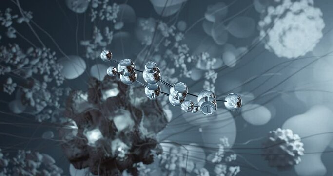 Benzoic acid rotating 3d molecule, molecular structure of aromatic carboxylic acid, seamless video
