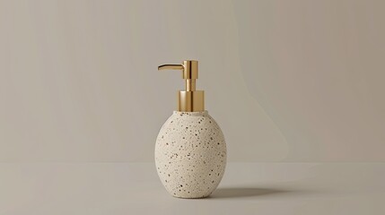 Elegant beige soap bottle with a gold pump, made of textured terrazzo material, on an isolated...