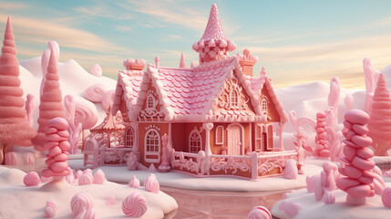 Pink fairytale edible gingerbread cozy cute house made of sweets, marshmallow pastilles and soft candies. Banner for pastry shops.