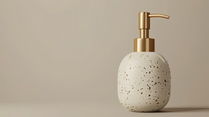 Elegant beige soap bottle with a gold pump, made of textured terrazzo material, on an isolated light background. The composition is centered and the product is positioned at eye level.