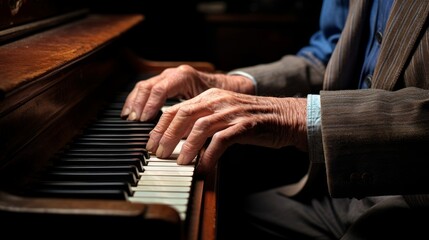 Elderly pianist sentimental tune on antique piano nostalgia evoked