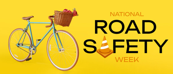 Modern bicycle with wicker basket and peony flowers on yellow background