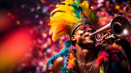 Brazilian carnival trumpeter energetic samba tunes adorned in feathers - obrazy, fototapety, plakaty