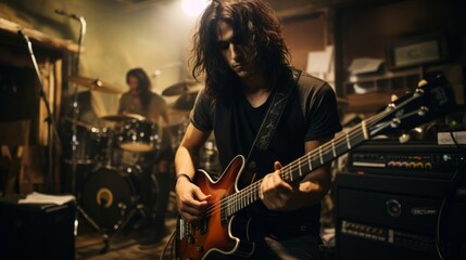Rock guitarist in garage jam session intensity bandmates around - obrazy, fototapety, plakaty