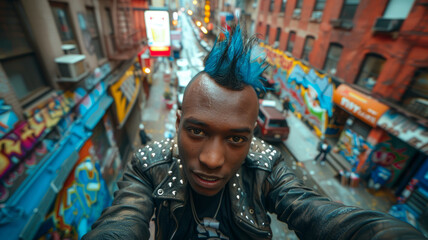 Fototapeta premium Young man taking a selfie on city street