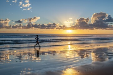 A girl runs to the sea beach at dawn. Seascape.