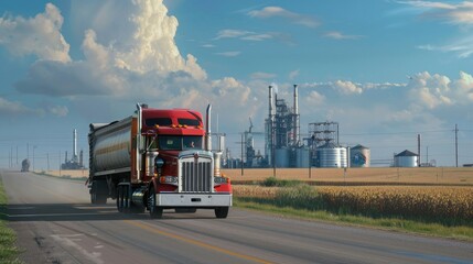 A red truck or grain truck is driving along the road, and behind it are grain fields, silos and granaries. In the background is an industrial grain processing plant.