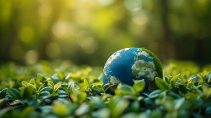 Earth planet sphere on green leaves background. Ecology and environment care concept