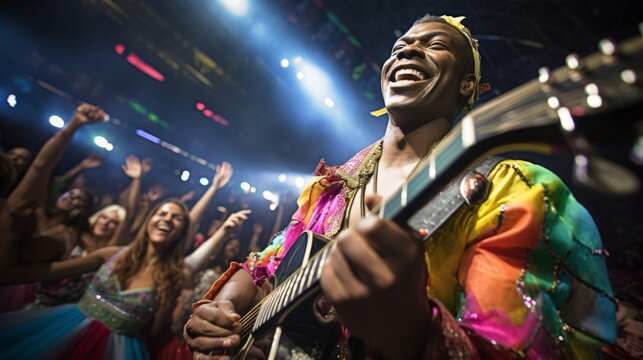 Guitarist at Brazilian carnival surrounded by dancers colorful vibrance