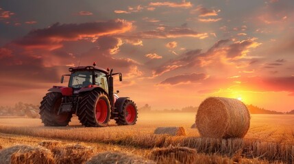 Obraz premium A tractor is working in a field, surrounded by hay bales, and the setting sun casts long shadows on them. A rural landscape with warm hues of orange and red reflected in golden wheat fields.