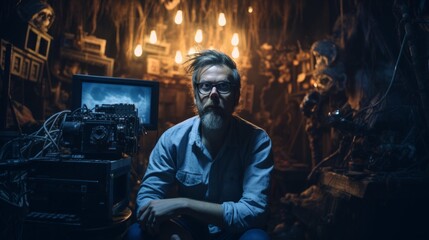 Spooky set horror director surrounded by eerie props chilling atmosphere