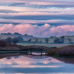 Sunrise over a lake in the countryside with a bridge in the foreground