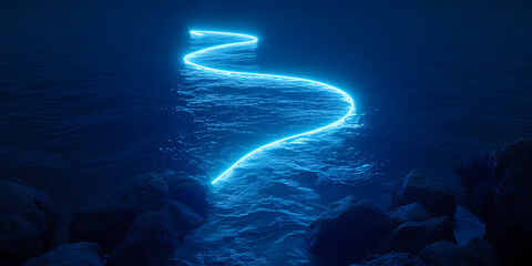 Abstract Panoramic Background Of Twisted Dynamic Blue Neon Lines Glowing In The Dark Room With Floor Reflection - A Light Trail In The Water