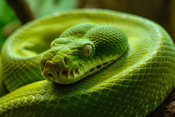 Obraz premium Green Serpent Coiled in Circles: Mystical Reptile Encounter