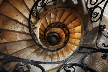 : A spiral staircase with wrought iron railings