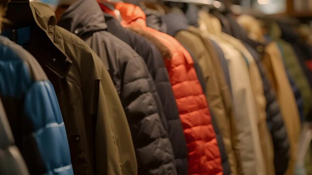 A rack of winter coats and jackets now heavily discounted and ready to be purchased for future cold weather.