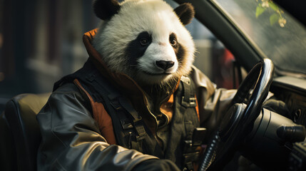 A panda drives a car