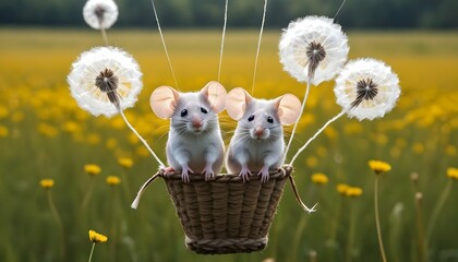 Mice In A Hot Air Balloon Made Of Dandelion Fluff Upscaled 3