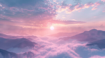 Beautiful foggy sunrise over mountains