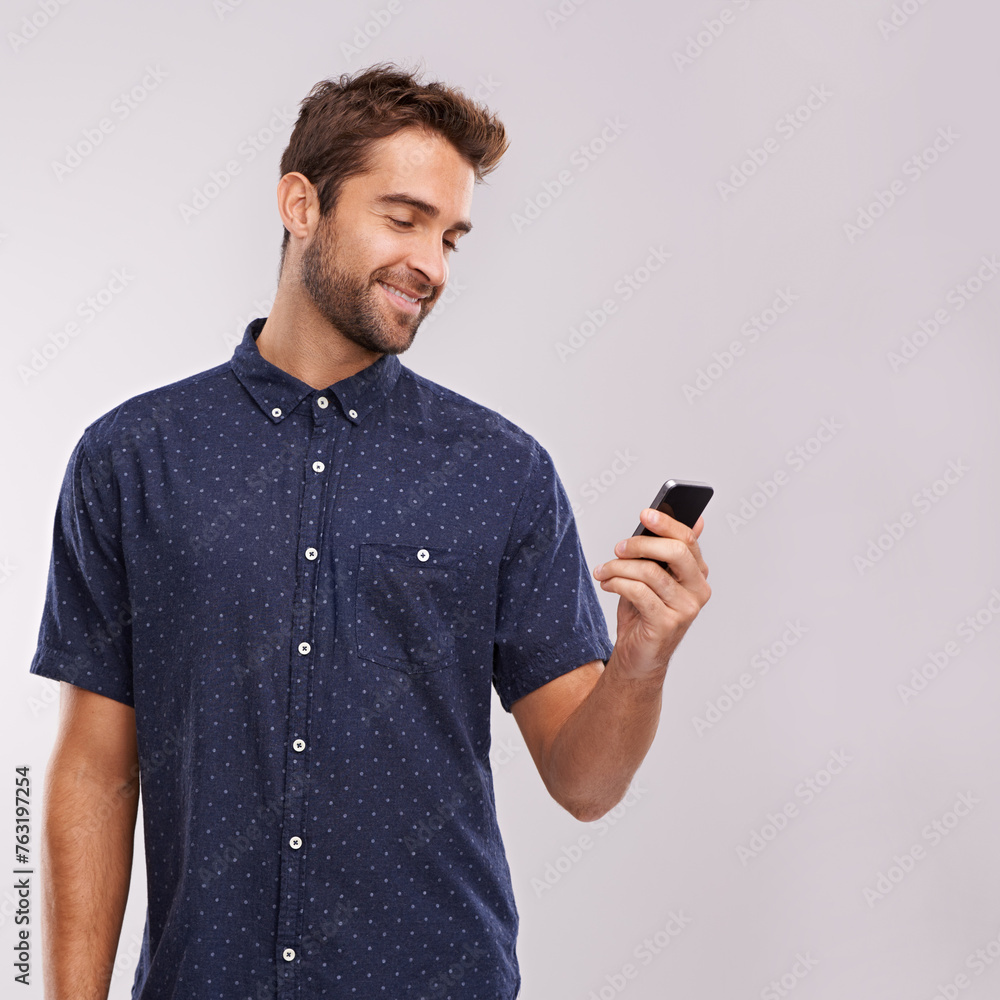 Poster phone, communication and man networking in studio, background and social media in mockup space. happ