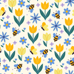 Seamless pattern with bees, butterflies and flowers. Vector graphics.