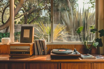 A photo of a midcentury modern home interior with vinyl records and magazines on the windowsill