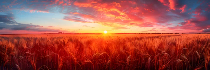 Tuinposter Windrowed Barley on a Warm Sunset, Sunset over corn field © david